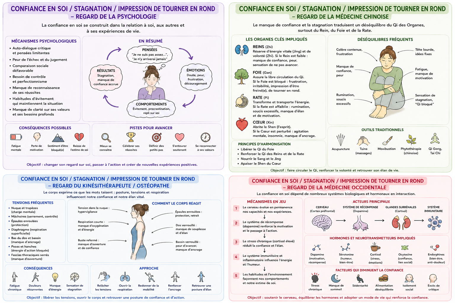 Synthèse illustrée : quatre regards sur la confiance en soi et la stagnation