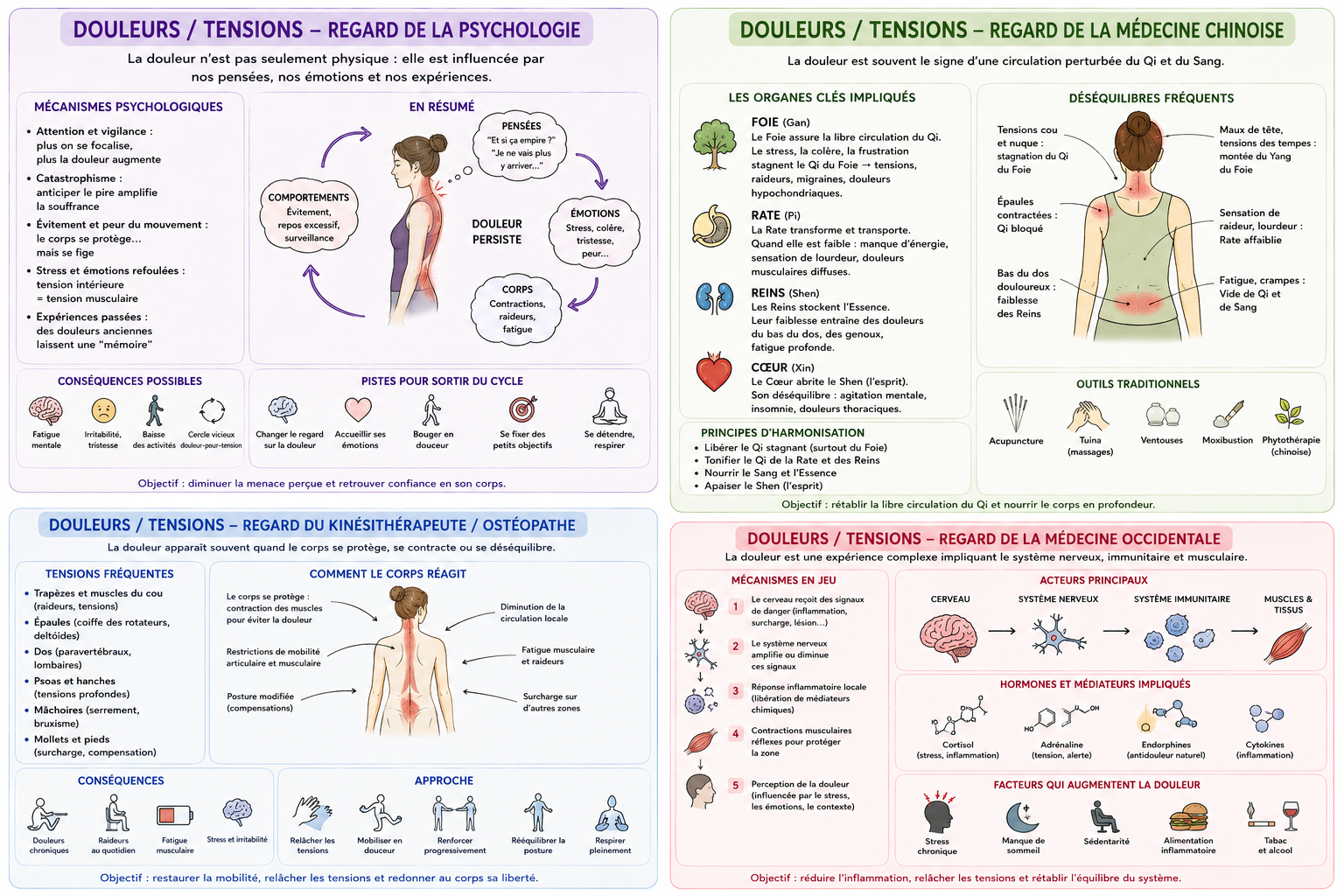 Synthèse illustrée : quatre regards sur les douleurs et tensions